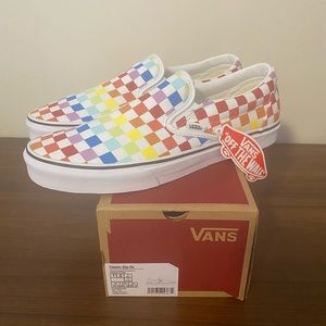 Men’s Size 11.5 Rainbow Checkered Slip On Vans Sneakers - Brand New